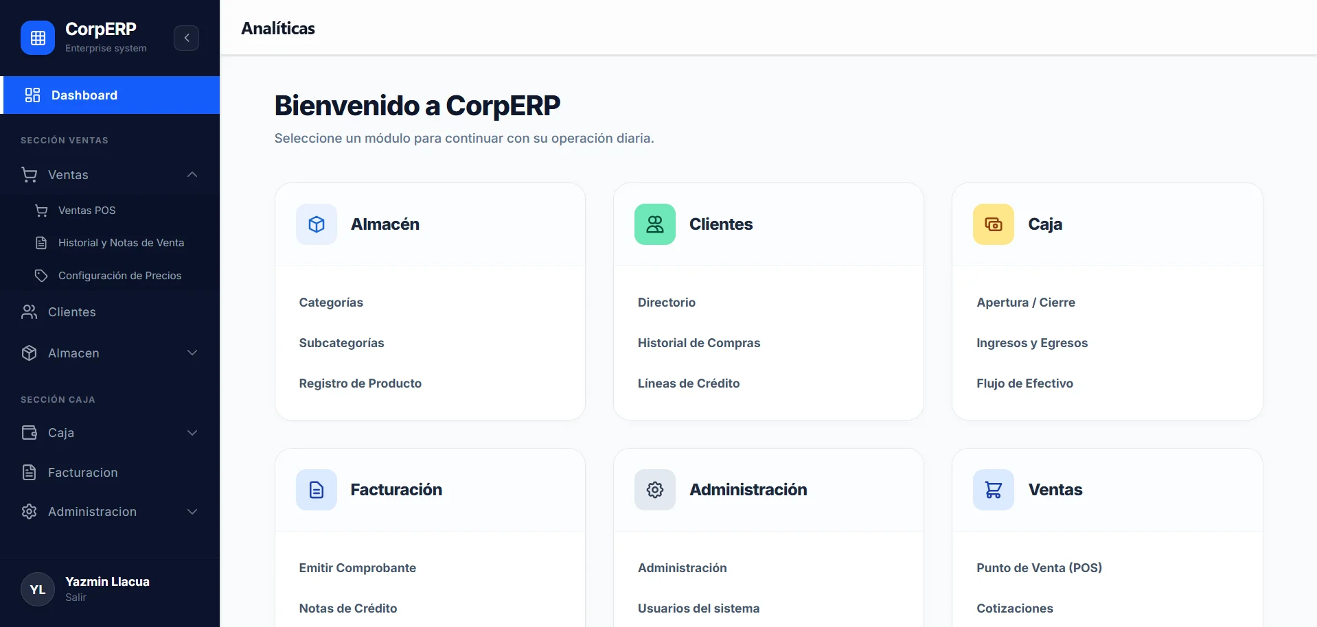 Dashboard principal de CorpERP